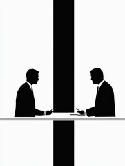 Wall Mural - Two business professionals engaged in a negotiation at a minimalist table in a starkly designed office environment. Generative AI