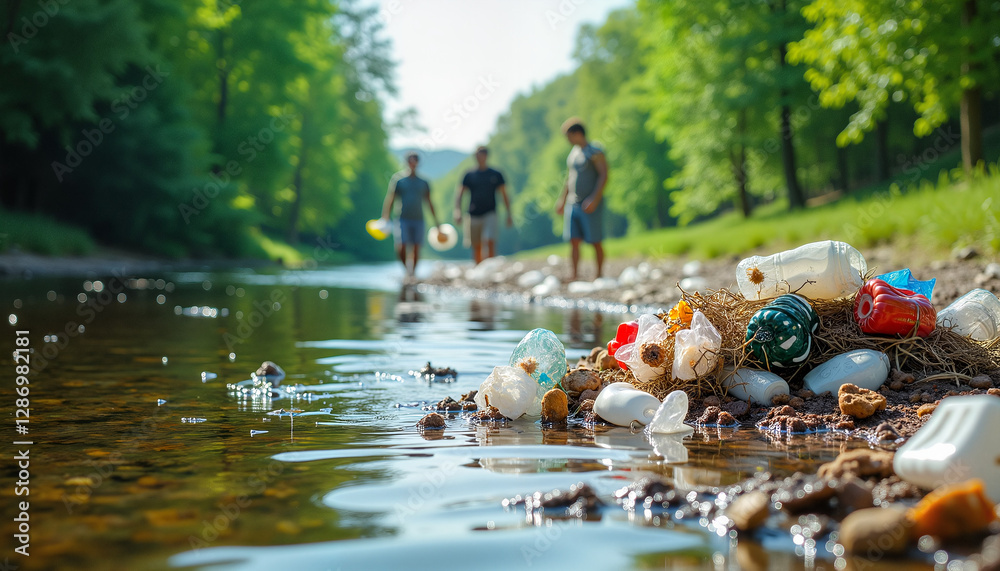 Clean Pollution Images Volunteers cleaning plastic pollution from river during environmental ...