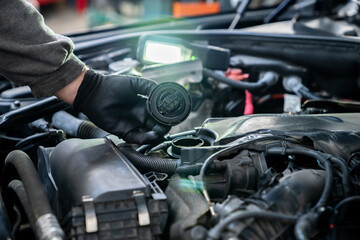 Poster - Serviceman checks the oil level in a car engine