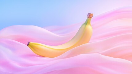 Wall Mural - vibrant banana on soft pink fabric under dreamy pastel sky