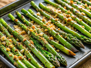 Poster - A baking sheet filled with freshly cooked asparagus spears, seasoned with what appears to be garlic, giving them a golden-brown hue. The tray is placed on a surface, and the background is slightly blu