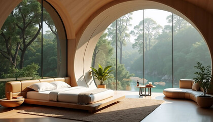 Poster - A bedroom with a large bed adorned with pillows, a side table with a bottle and other objects, and a large window that offers a view of the lush greenery of trees and the sky.