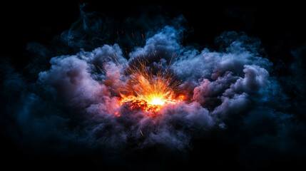 Poster - Dramatic fiery explosion with dynamic sparks against dark smoke