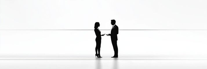 Poster - Couple exchanges meaningful connection in minimalist setting with white background. Generative AI