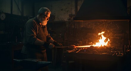 Senior craftsman blacksmith forging hot metal in traditional workshop at night. Man working with hammer and fire in dark rustic forge. Metal craft heritage demonstration