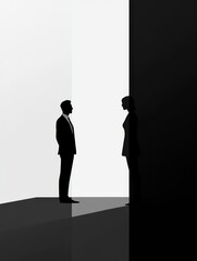 Aufkleber - Interaction between two silhouettes in a stark contrast setting with geometric shapes in black and white during the day. Generative AI