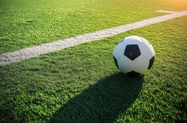 Soccer ball resting on lush green field near white line at sunset