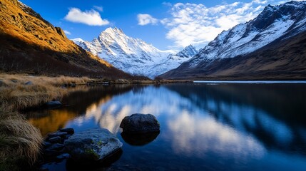 Snow Capped Mountain Range Reflecting in Calm Lake Water Under Blue Sky