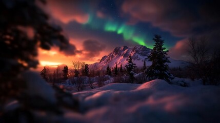 Spectacular Aurora Borealis Display Over Snow Covered Mountain and Evergreen Trees