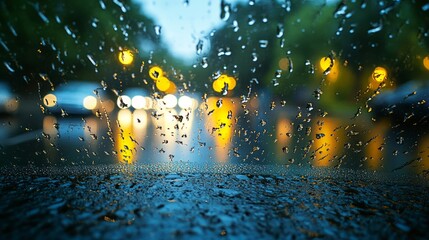 Wall Mural - When it rains, water droplets gather on the automobile window. These droplets are the result of condensation, which happens when water vapor in the air cools and turns into liquid.