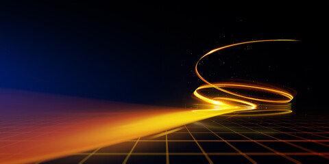 Wall Mural - swirl stage. neon glowing gold stage. abstract virtual fluorescent dark. sci fi technical concept. c