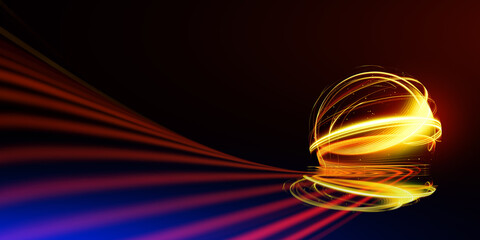 Wall Mural - swirl stage. neon glowing gold stage. abstract virtual fluorescent dark. sci fi technical concept. c