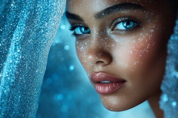 Glowing Christmas makeup featuring shimmering accents and sparkling highlights enhancing the beauty of the model in a festive winter setting