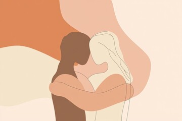 Poster - Two abstract figures embracing in a serene minimalist setting during a warm afternoon. Generative AI