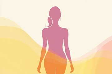 Poster - Minimalist illustration showcasing a slim female silhouette with an emphasized waistline in soft pastel colors. Generative AI