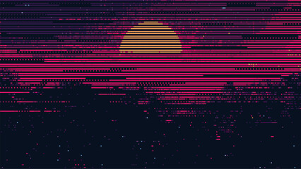 Poster - 80s retro pixel art of an abstract digital sunset with glowing lines. Pixelated glitch art background. 2D game graphics. Retro neon cyberpunk 80s-style banner. vector.
