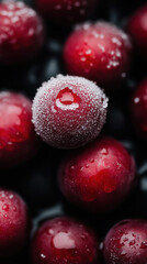 Sticker - Frost-covered cherry berries on a black background captured in close-up detail, highlighting winter\'s delicate beauty