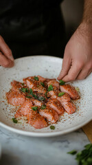 Wall Mural - Marinated chicken pieces being carefully seasoned with spices in a bowl using fresh herbs and aromatic flavors in a cozy kitchen setting