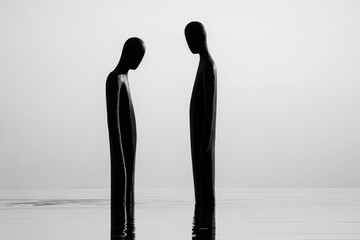 Aufkleber - Two silhouetted figures standing in still water during early morning light at a tranquil location. Generative AI