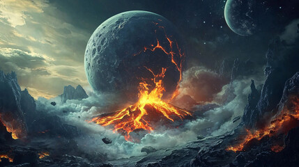 dramatic alien planet with an erupting volcano, glowing lava, massive celestial bodies in the sky, s