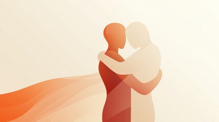 Poster - Minimalist illustration of two people embracing in a warm and tender moment during sunset. Generative AI