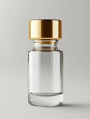 Poster - Clear glass bottle with gold cap resting on a plain surface in soft lighting. Generative AI