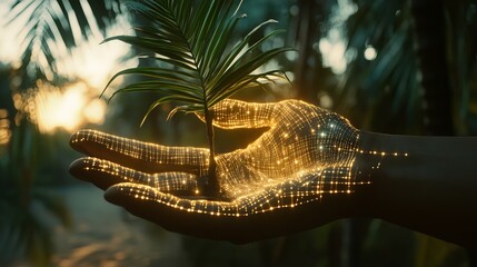 Poster - Golden Digital Hand Holding Young Palm Tree Sapling Nature Growth Sustainability Concept Digital Art Abstract Background Technology Innovation        