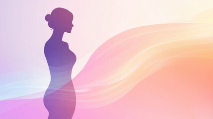 Poster - Minimalist silhouette of a woman accentuating her waistline in a soft pastel background with gentle waves. Generative AI