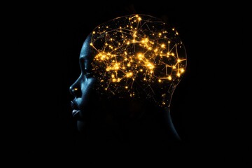 Fototapete - Complex neural connections illuminated in profile view symbolizing artificial intelligence and cybernetic evolution. Generative AI