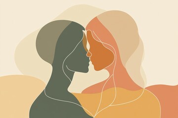Poster - Emotive minimalist illustration of two individuals embracing in a serene, warm toned atmosphere. Generative AI