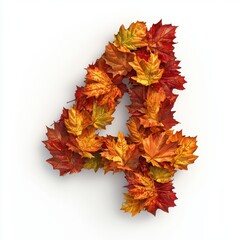 number 4 made of layered autumn leaves in shades of orange, red, and yellow isolated on a clean whit