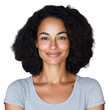 © DesignVectX - A smiling woman with curly dark hair wearing a casual light blue t-shirt, isolated on a transparent background. Perfect for casual and lifestyle themes.
