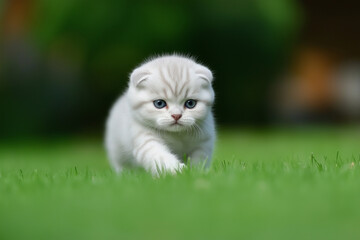 scottish fold kitten with cute eyes and fluffy fur playing in the greenery outdoors