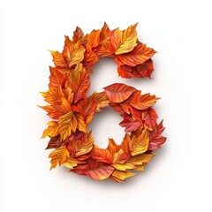 number 6 made of layered autumn leaves in shades of orange, red, and yellow isolated on a clean whit