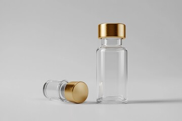 Aufkleber - Clear glass bottles with golden caps displayed on a white background showcasing modern container design. Generative AI