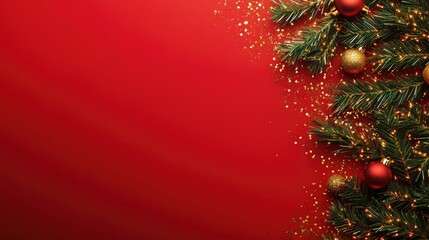 Wall Mural - elegant christmas background with pine branches, red and gold ornaments, and twinkling lights on a r
