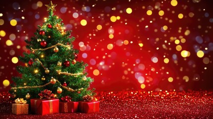 Wall Mural - a beautifully decorated christmas tree with golden lights and red ornaments stands against a sparkli