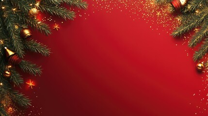 Wall Mural - elegant christmas background with fir branches, golden ornaments, and twinkling lights on a rich red