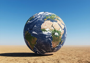 a cracked globe symbolizes environmental challenges, with a barren land background under a bright bl