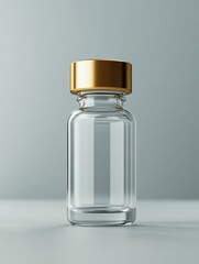 Leinwandbilder - Clear glass bottle with a gold cap presented on a smooth surface against a neutral background. Generative AI