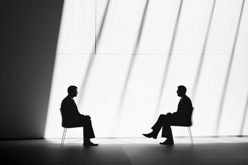 Aufkleber - Two men engaged in deep discussion in a minimalist space with dramatic lighting at an early evening event. Generative AI