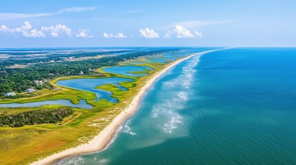 Sticker - Aerial view of a serene coastal landscape with sandy beaches and lush green wetlands under blue skies