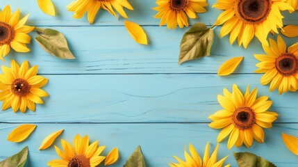 Wall Mural - Bright yellow sunflowers blossom against a blue wooden backdrop, evoking summer vibes and providing a serene feel.