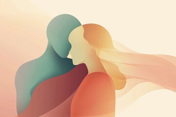 Poster - Minimalist illustration of two figures embracing in a warm color palette during a tranquil moment of connection. Generative AI