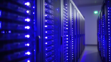 Poster - A futuristic server room with rows of glowing blue data racks in a dimly lit environment. Ideal for cloud computing, cybersecurity, and data storage concepts