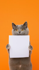 Wall Mural - British Shorthair cat holding a blank sheet with fur and whiskers on an orange background