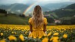 ©  Shomixer - A serene scene featuring a woman in a yellow dress sitting in a vibrant flower field, framed by two beautiful rainbows in a lush green landscape.