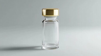 Poster - Clear glass bottle with gold cap displayed on a minimalistic gray background for modern design inspiration. Generative AI