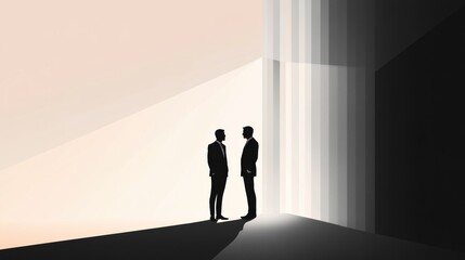 Poster - Two men in suits conversing in a minimalist setting with stark lighting and shadows at dusk. Generative AI