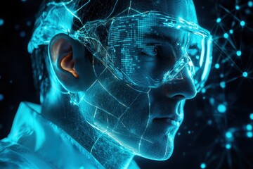 Poster - Person wearing futuristic goggles showcases advanced technology visualization in laboratory setting